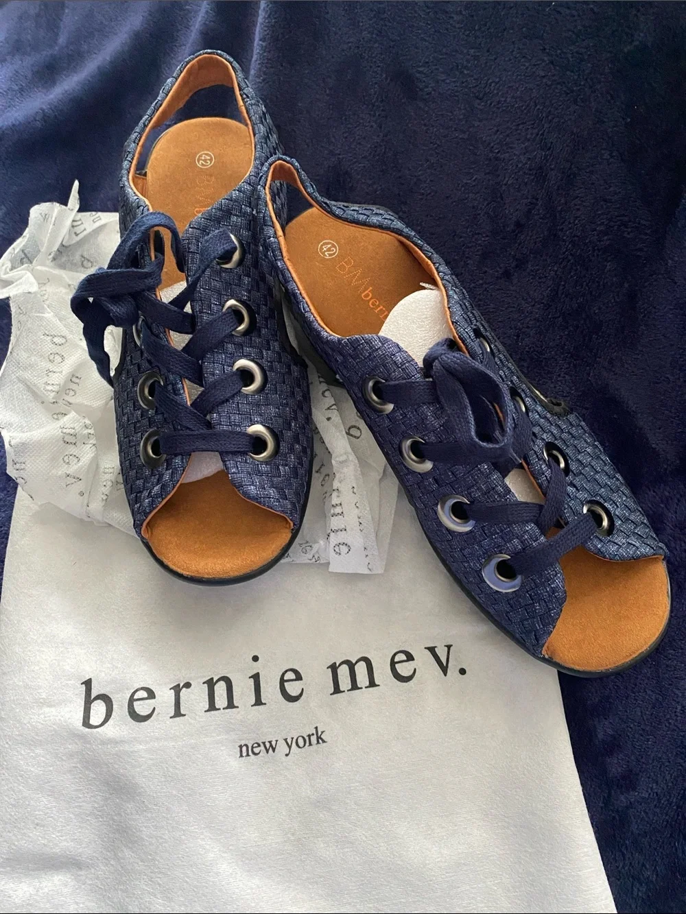 bernie mev. Navy Woven Open-Toe Lace-Up Sandals